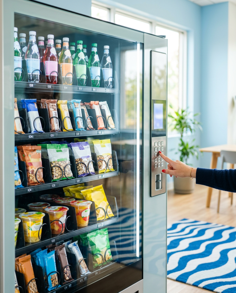 A hand pressing a selection on a glass-front vending machine stocked with water, bars, nuts and fruit cups