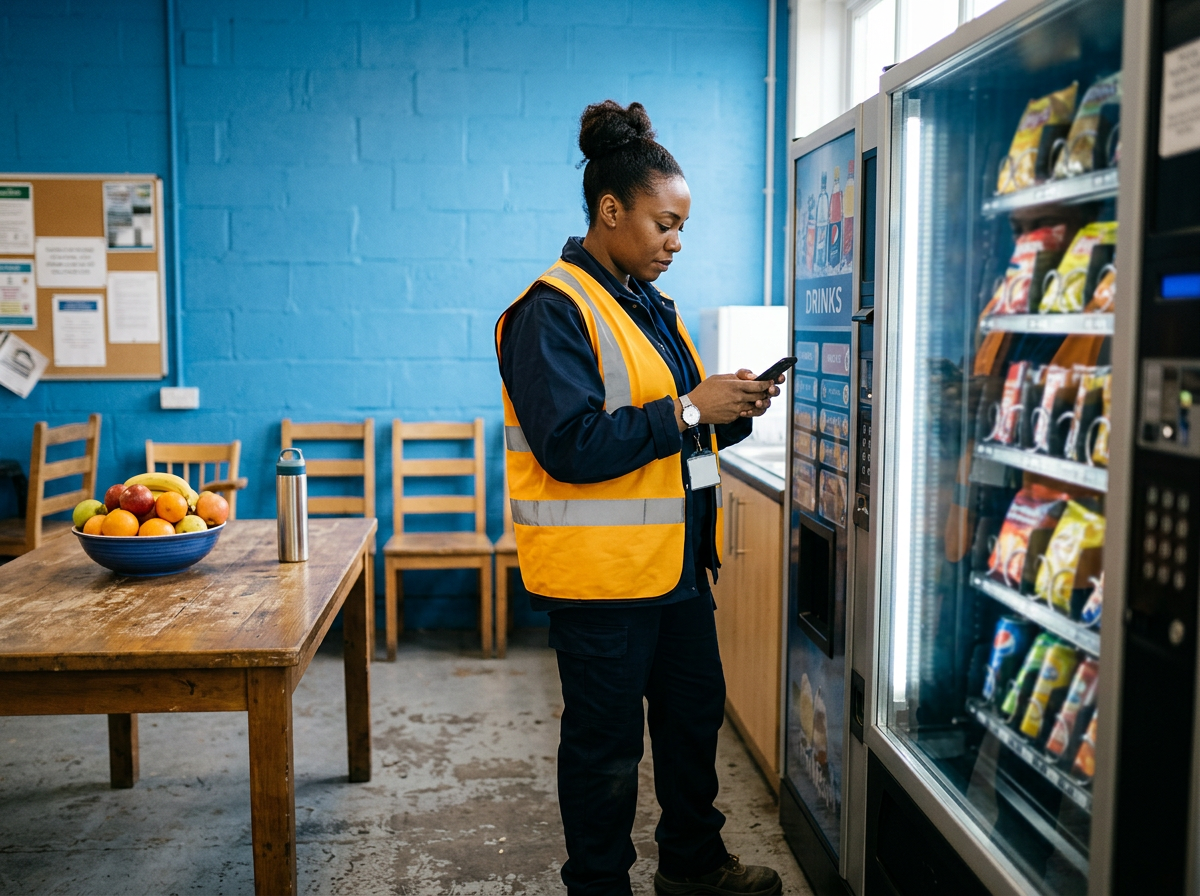 A shift worker in a hi-vis vest typing on a phone beside a break-room vending machine