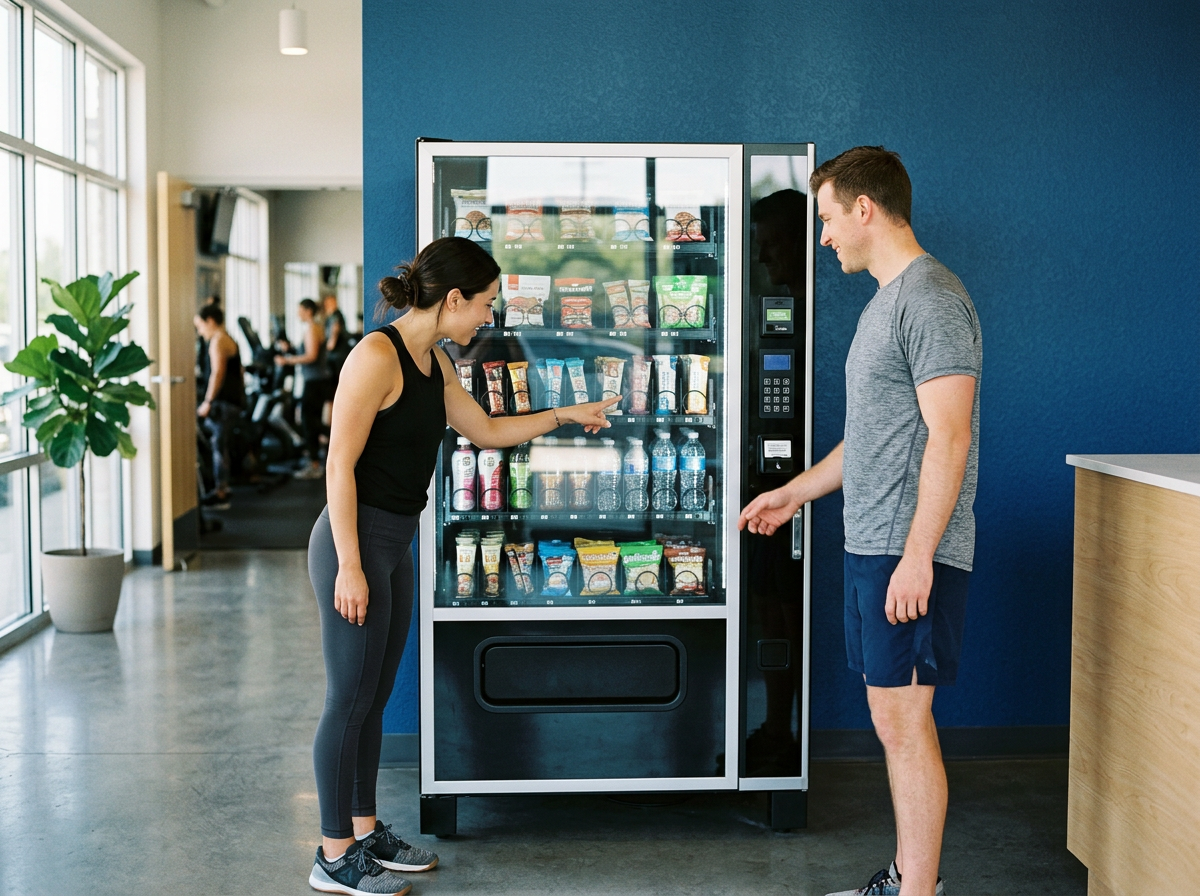 Two people at a fitness studio vending machine choosing from the shelves